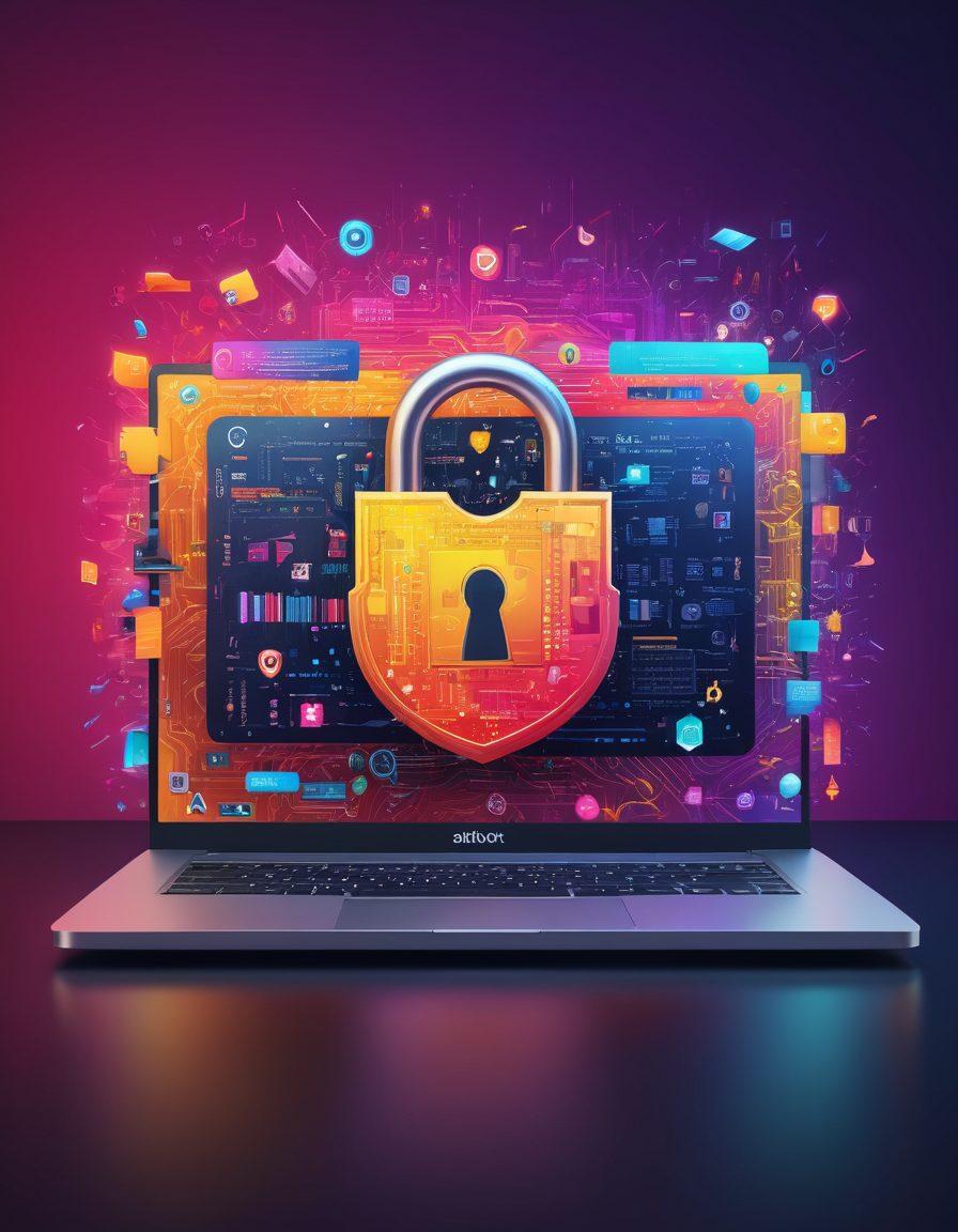 A sleek laptop displaying diverse erotic media content, surrounded by essential Linux tools like command-line icons and open-source software logos. The background showcases a vibrant digital landscape filled with colors that suggest creativity and exploration. Include subtle elements symbolizing security and privacy in media consumption. Art style: vector art. vibrant colors. 3D.