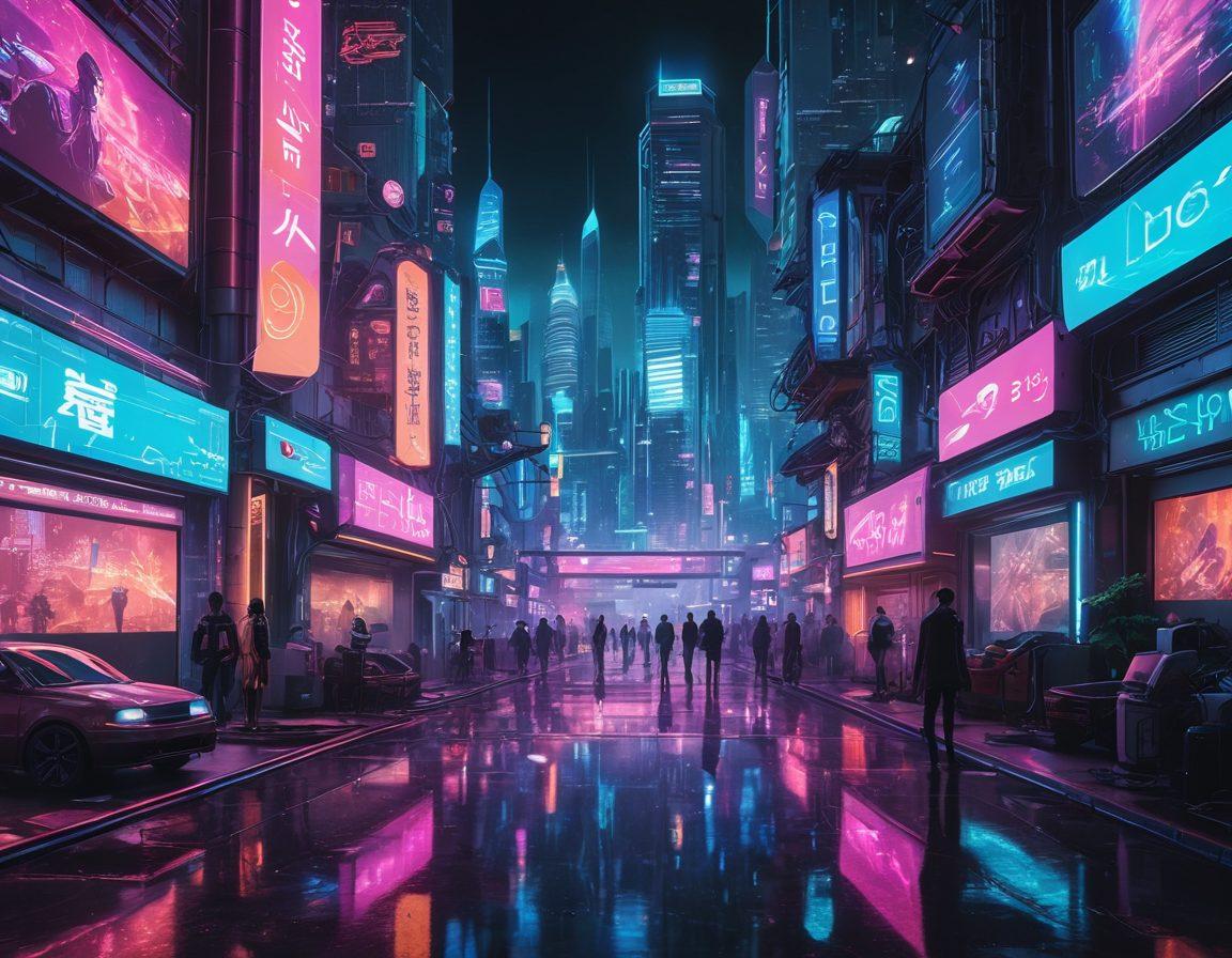 A futuristic digital landscape featuring a blend of anime-inspired characters interacting with advanced technology, such as holographic interfaces and circuit patterns. The scene is set in a vibrant neon-lit cyberpunk city, showcasing elements of Linux symbols and tech gadgets. Capture the fusion of fantasy and technology, emphasizing creativity and innovation in the world of adult art. vivid colors. cyberpunk. 3D.