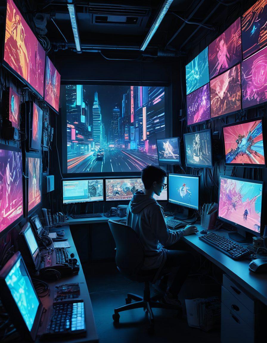 A vibrant collage depicting a lively scene from an adult anime and manga studio featuring diverse characters passionately creating art on Linux-based computers. Include elements of technology like coding screens, stylized graphic tablets, and colorful character sketches. The backdrop should incorporate anime-inspired motifs, with a futuristic and artistic flair, showcasing both passion and performance in an impressive design. colorful illustration, cyberpunk, vibrant colors.